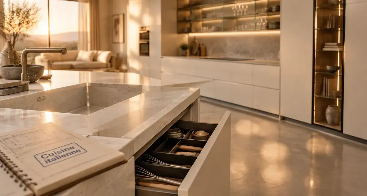 Cuisine moderne design italienne avec îlot et espace optimisé