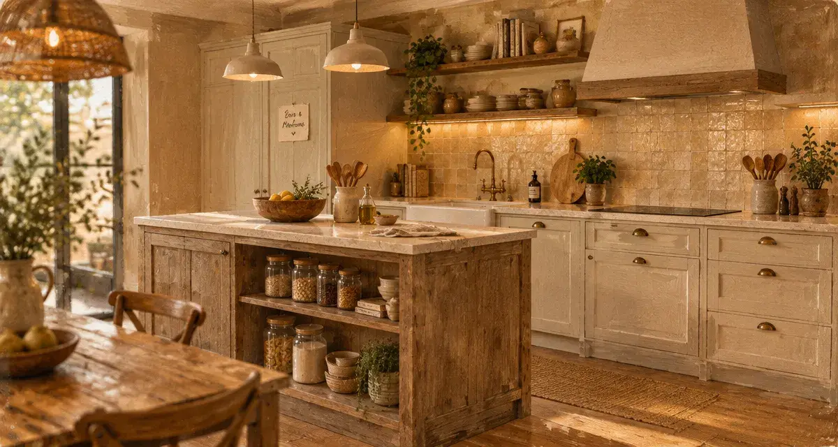 Cuisine rustique et moderne : îlot en chêne, zellige et lumière chaude