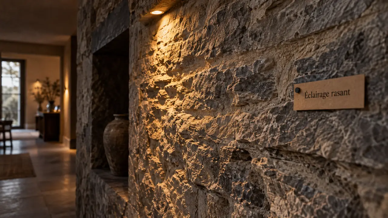 Éclairage mur en pierre intérieur avec lumière rasant la pierre