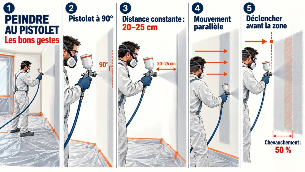 Gestes de peinture intérieure au pistolet avec distance constante et chevauchement des bandes