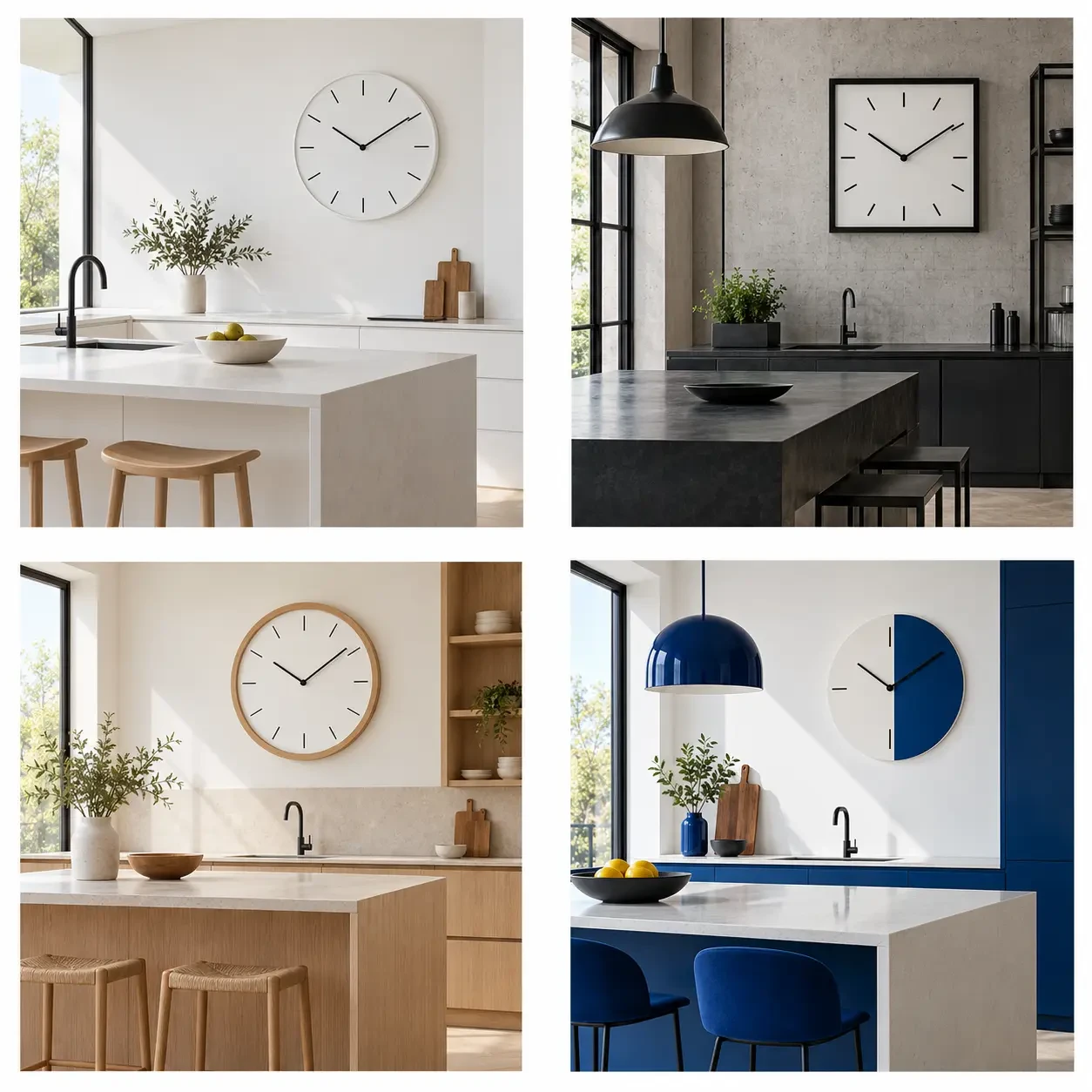 Styles de pendule moderne pour cuisine minimaliste, industrielle, en bois clair et colorée