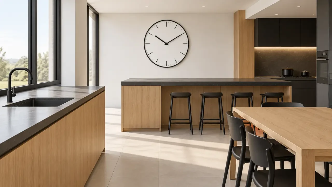 Pendule moderne pour cuisine visible depuis l’évier, le plan de travail et la table