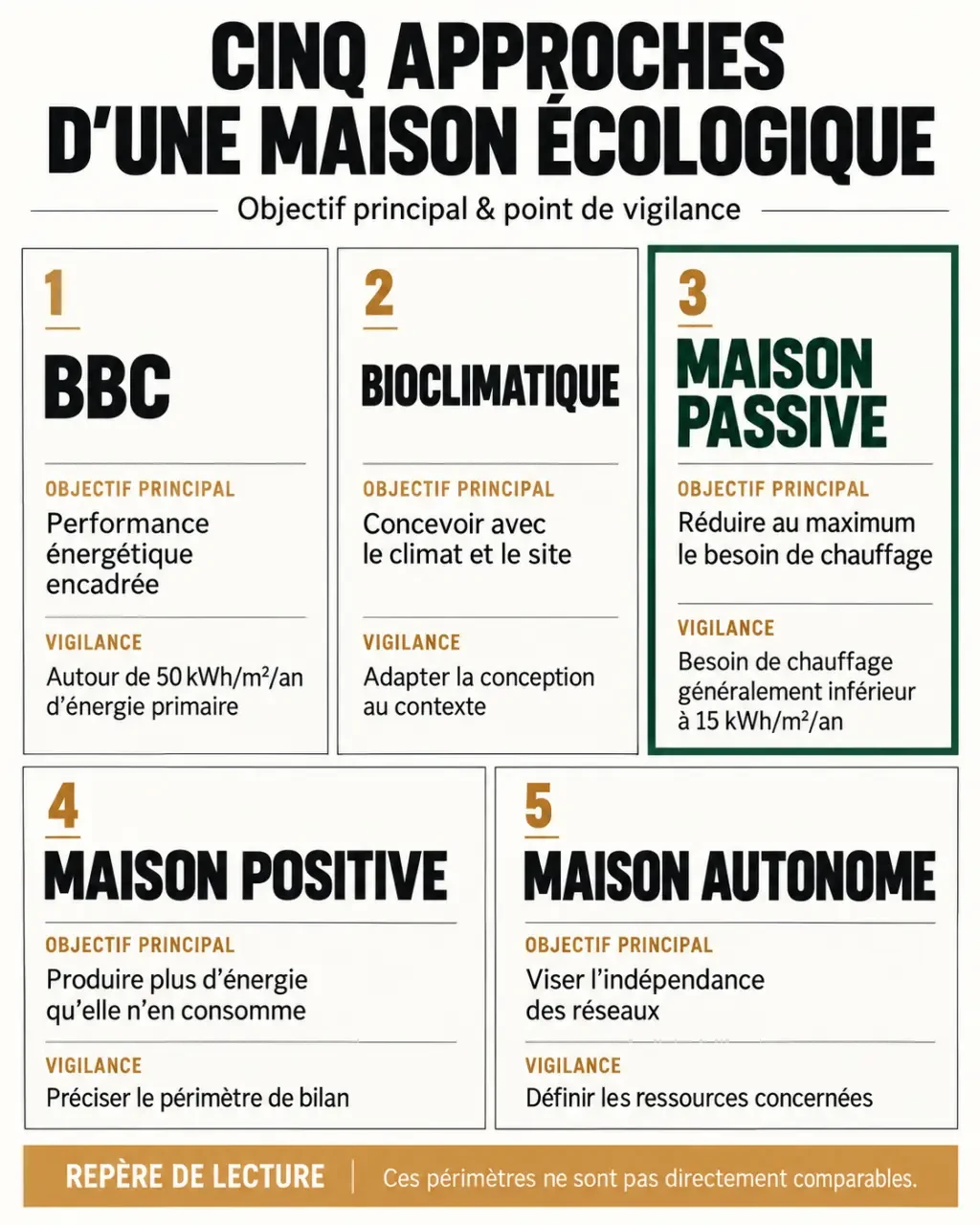 Maison écologique : graphique comparatif des approches BBC, bioclimatique, passive, positive et autonome