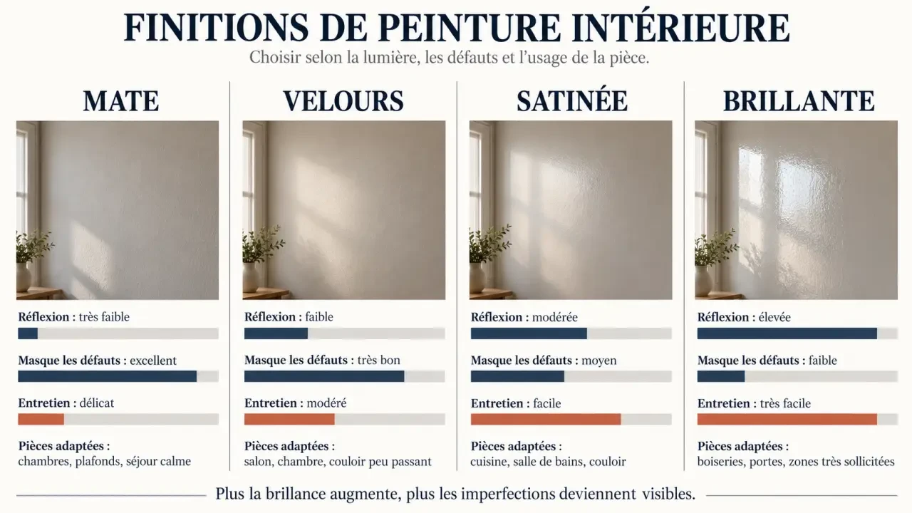 Comparatif visuel des finitions de peinture intérieure mate, velours, satinée et brillante