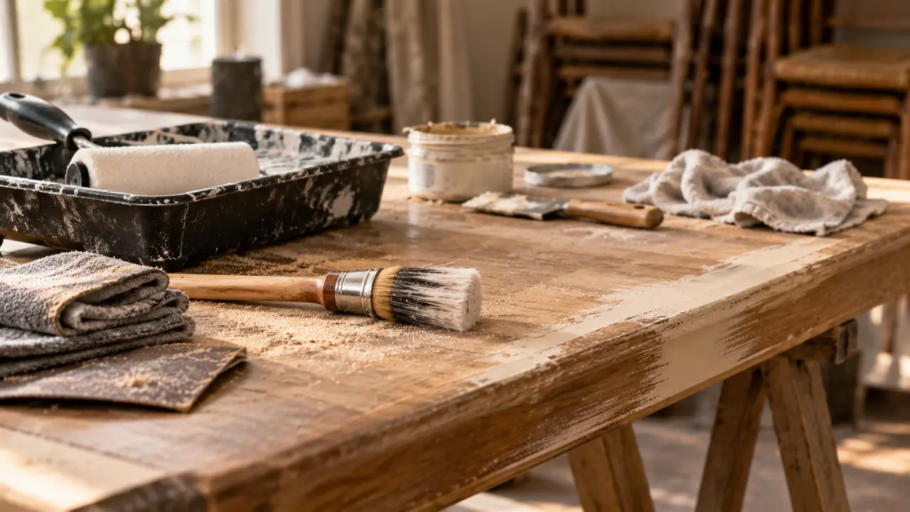 Peindre les meubles en bois : table poncée avec rouleau et pinceau rechampir