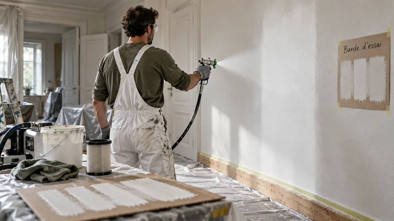 Peinture intérieure au pistolet : bricoleur pulvérisant anti-coulures