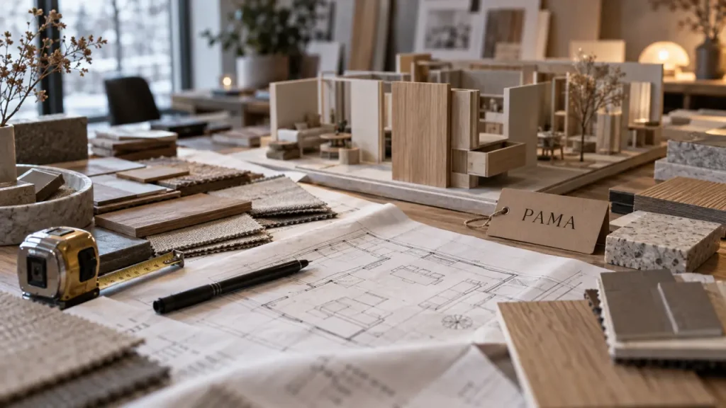 pôle aménagement maison PAMA : plans, mètre ruban et échantillons
