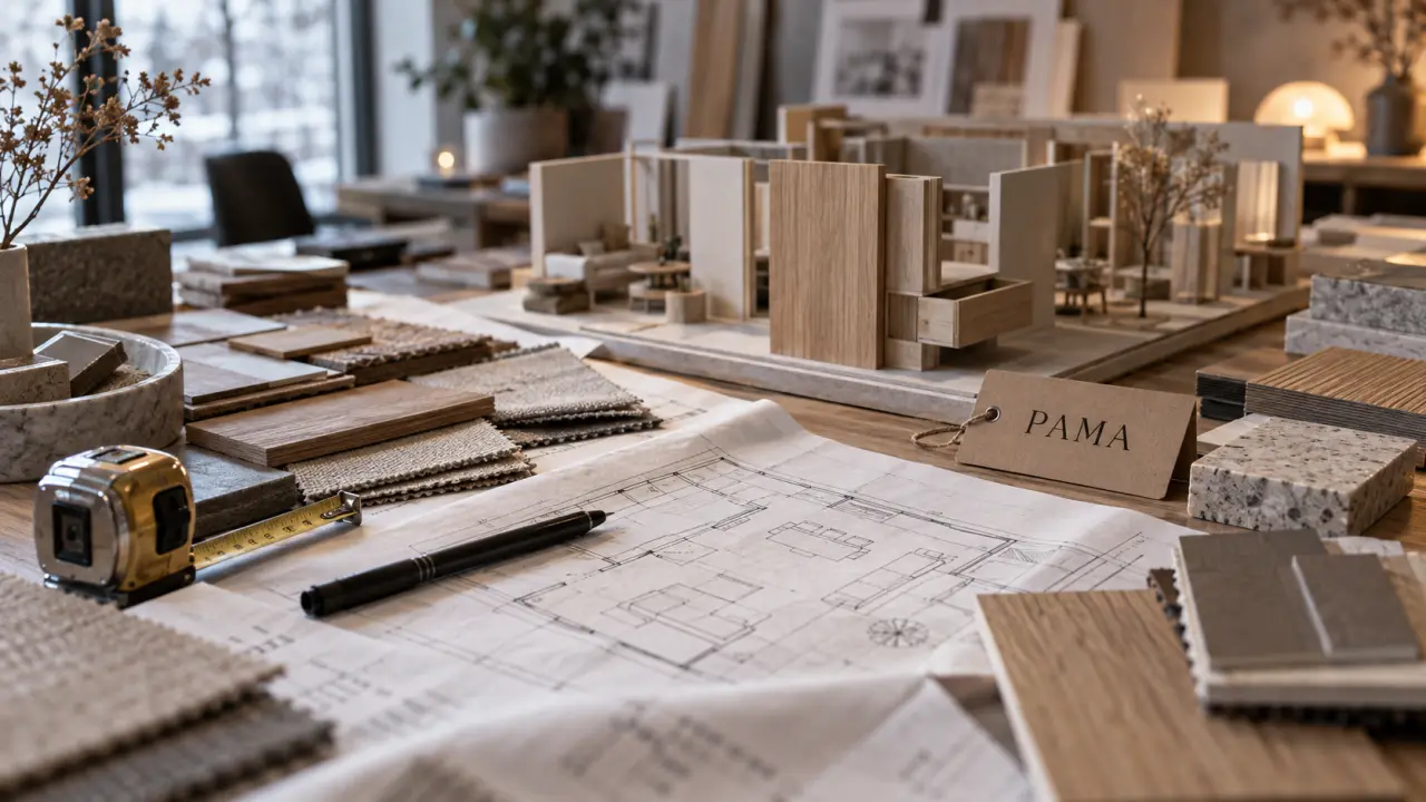 pôle aménagement maison PAMA : plans, mètre ruban et échantillons