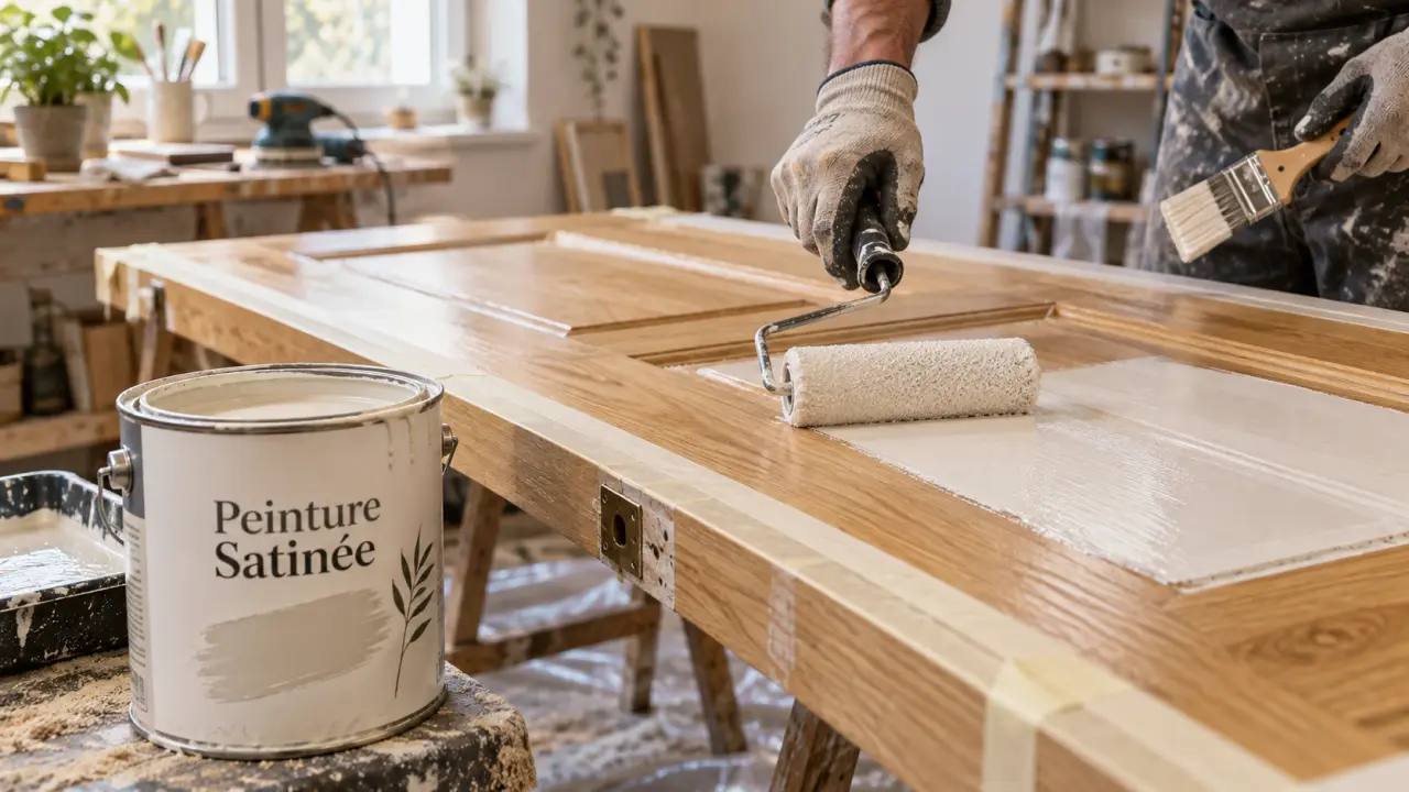 Quelle peinture pour porte intérieure : rouleau satin sur porte en bois