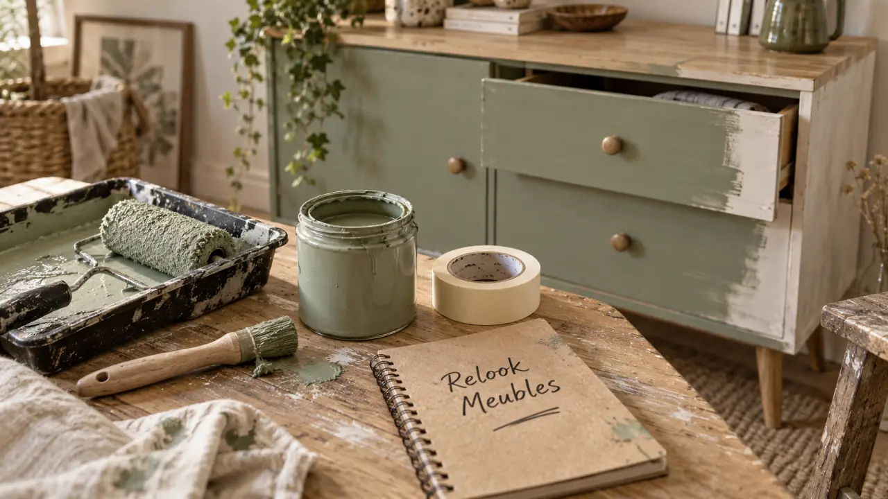 Relook meubles : rouleau laqueur, peinture vert sauge sur buffet