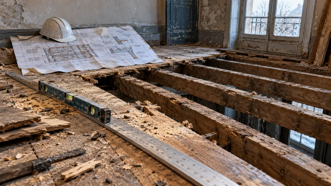 Rénovation plancher maison ancienne : plancher bois à remettre à niveau, règles et niveau à bulle